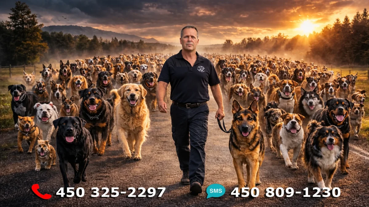 Famille heureuse avec leur chien éduqué – éducation canine à Terrebonne avec Sylvain Duchesneau